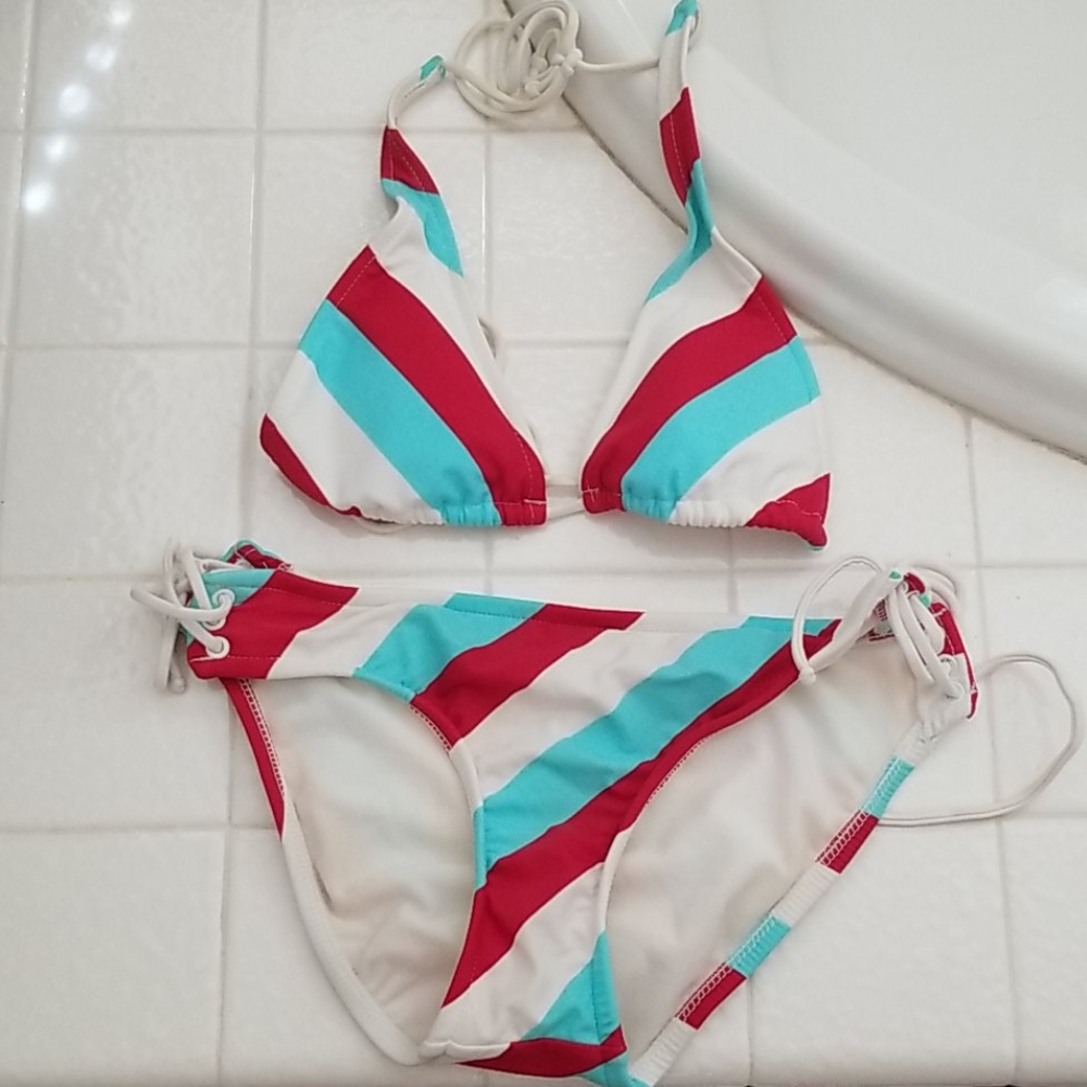 Xhiliaration Striped Halter bikini